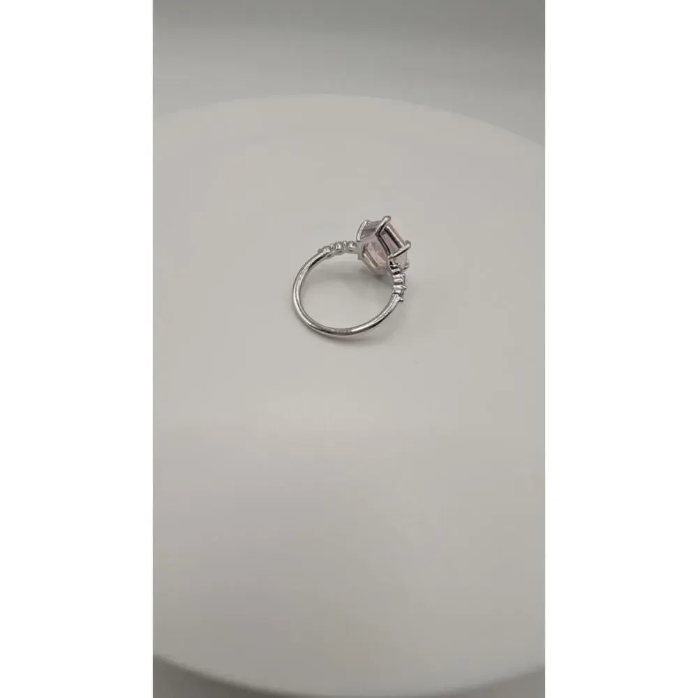 Silver Ring with Hexagonal Pink Gemstone and Decorative Side Stones Size 7